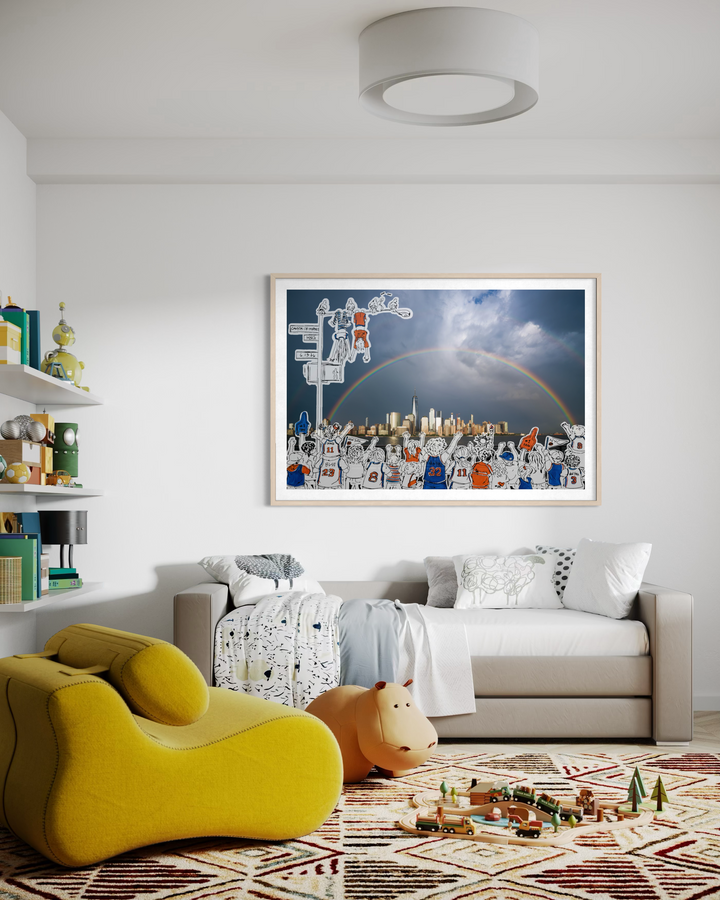 Modern living room with a yellow chair, gray sofa, and colorful artwork Collective Effervescence.