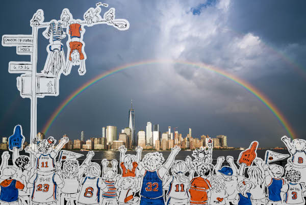 Cartoon sports fans with a rainbow and city skyline in the background